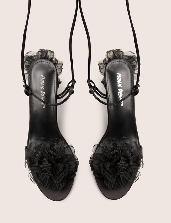Public Desire Classy Black Ruffle Flower Detail Mid Heels