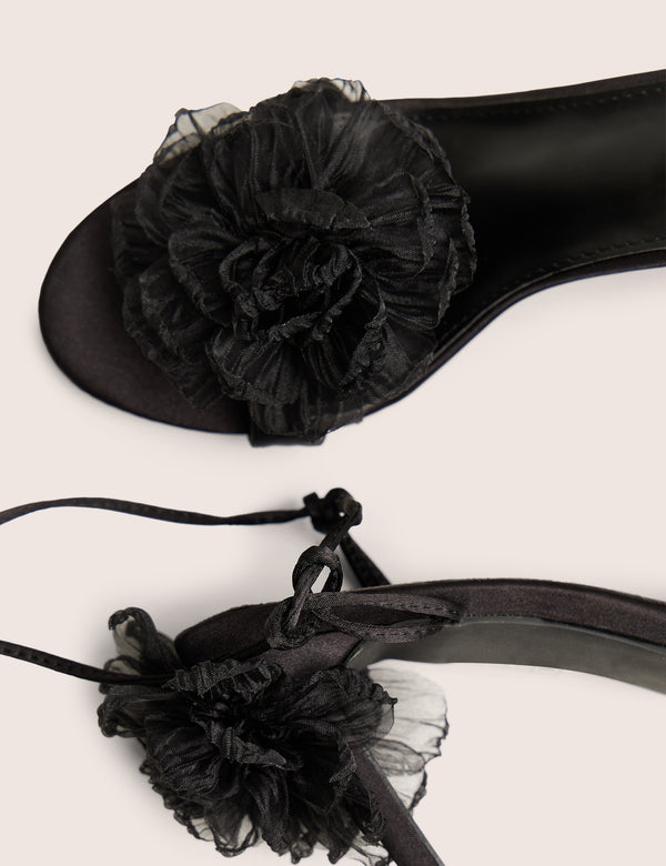 Public Desire Classy Black Ruffle Flower Detail Mid Heels