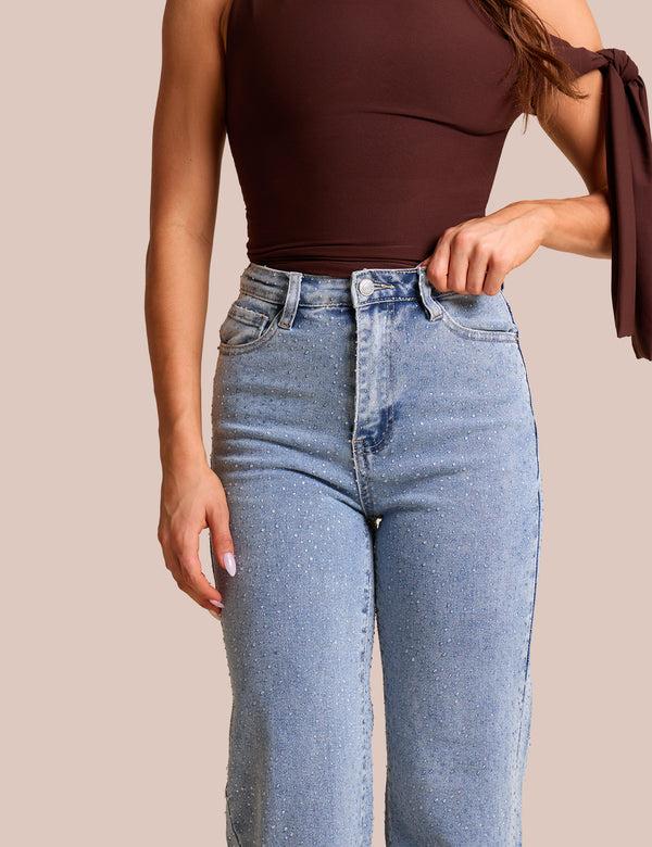 Public Desire Clear Diamante Straight Fit High Rise Denim Blue Jeans