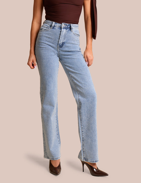 Public Desire Clear Diamante Straight Fit High Rise Denim Blue Jeans