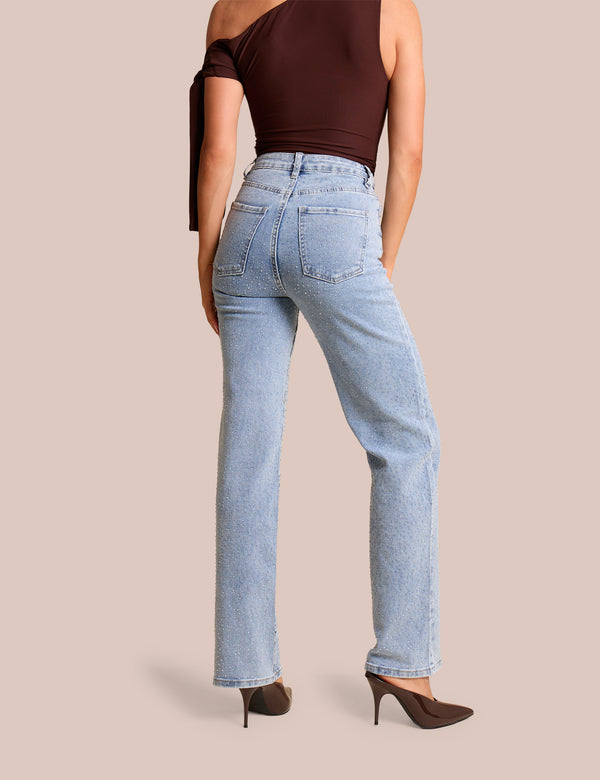 Public Desire Clear Diamante Straight Fit High Rise Denim Blue Jeans