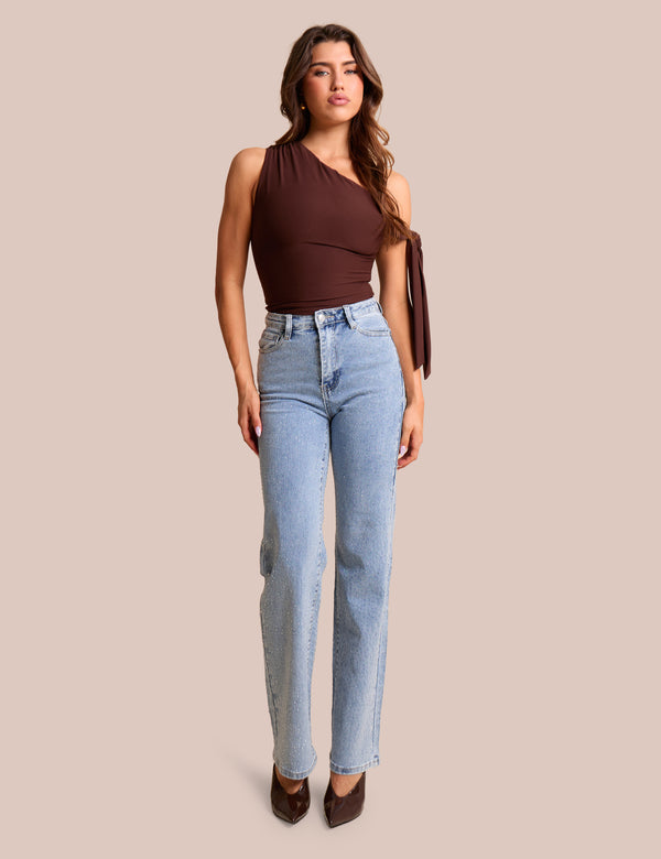 public desire Clear Diamante Straight Fit High Rise Denim Blue Jeans