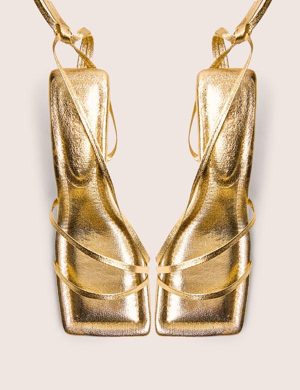 Public Desire Clover Gold Metallic Square Toe Wrap Around Mid Heels