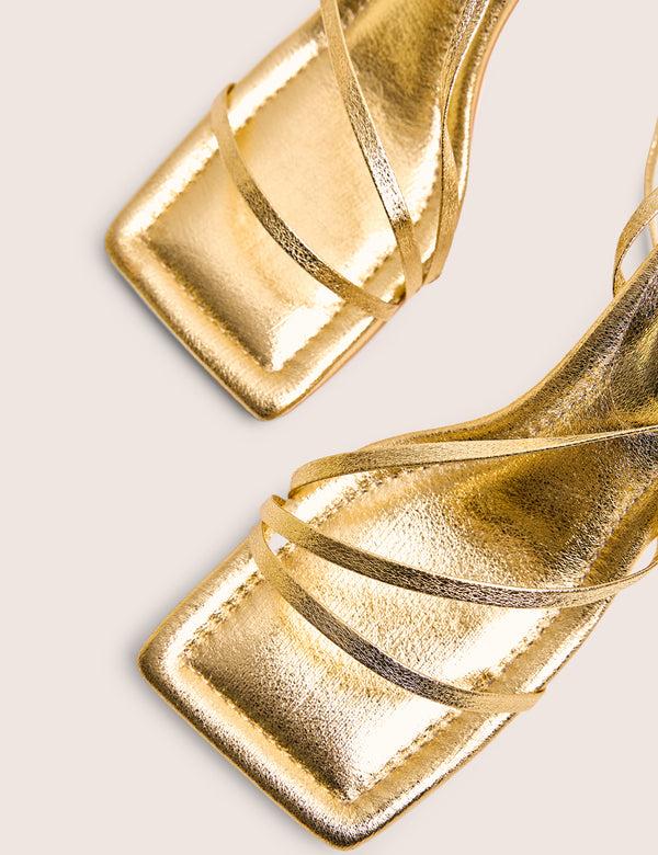 Public Desire Clover Gold Metallic Square Toe Wrap Around Mid Heels