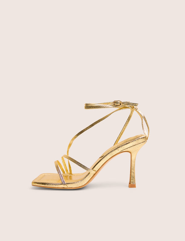 public desire Clover Gold Metallic Square Toe Wrap Around Mid Heels