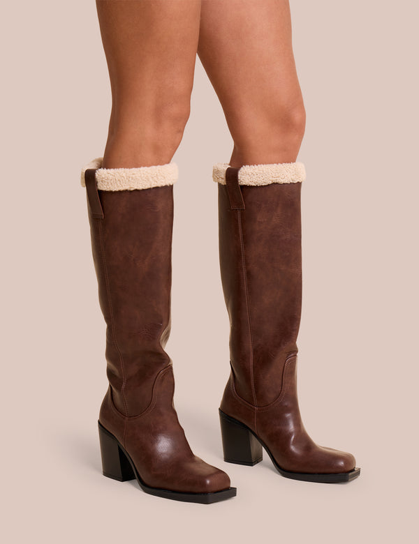 Public Desire Colden Vintage Brown Fur Trim Block Heel Knee High Boots