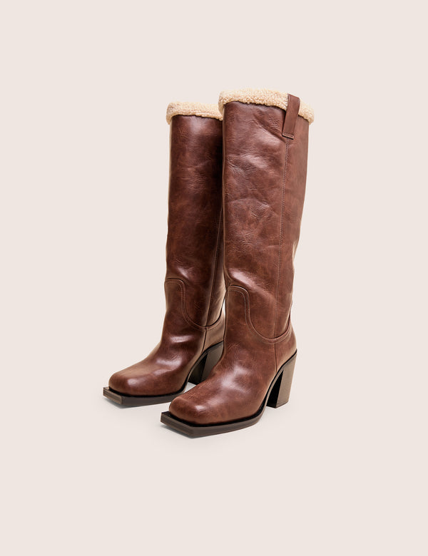 Public Desire Colden Vintage Brown Fur Trim Block Heel Knee High Boots