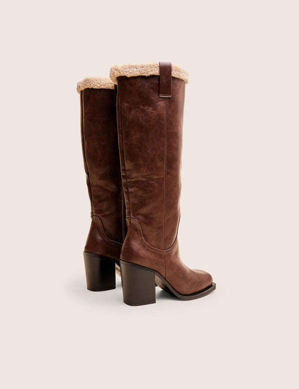 Public Desire Colden Vintage Brown Fur Trim Block Heel Knee High Boots