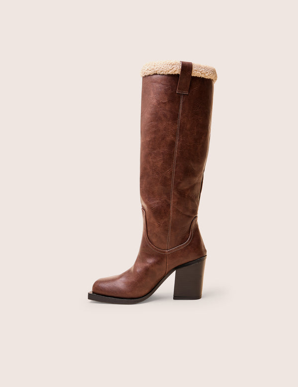 public desire Colden Vintage Brown Fur Trim Block Heel Knee High Boots