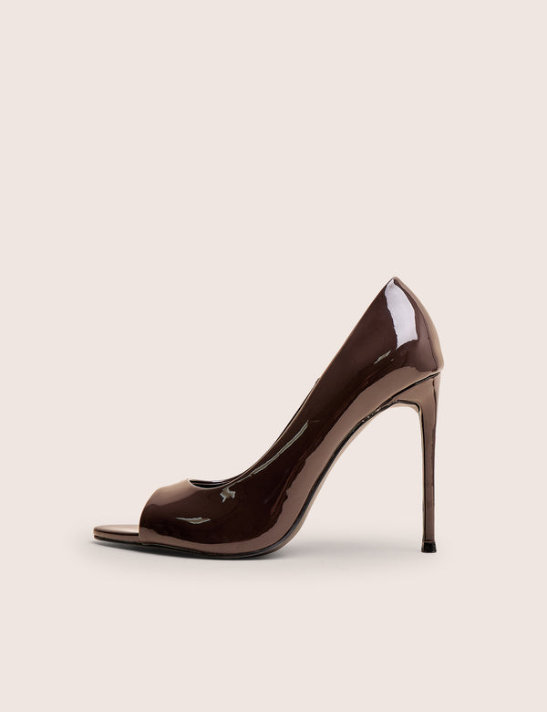 public desire Complicated Brown Patent Peep Toe Court Shoes