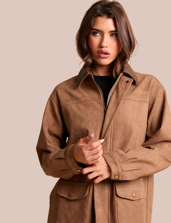 Public Desire Contrast Collar Faux Suede Barn Jacket Brown