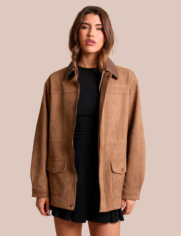 public desire Contrast Collar Faux Suede Barn Jacket Brown