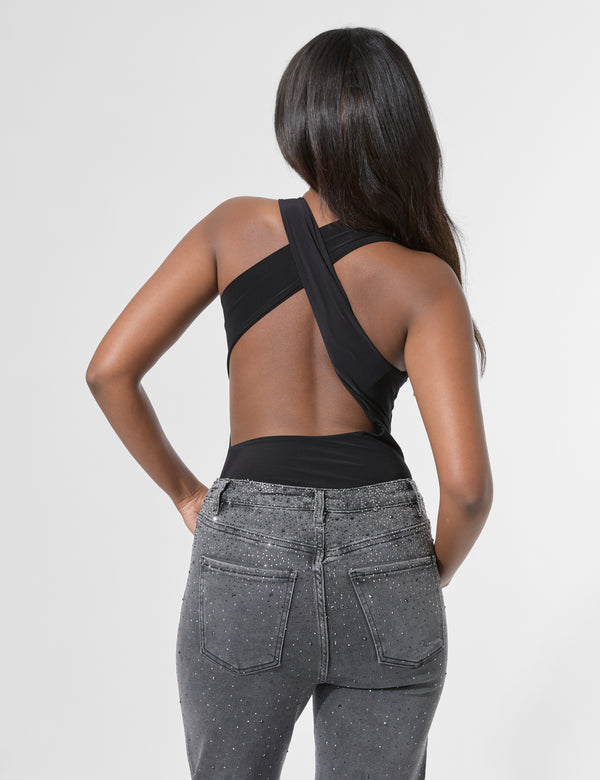 Public Desire Cross Over Back Detail Luxe Slinky Bodysuit Black