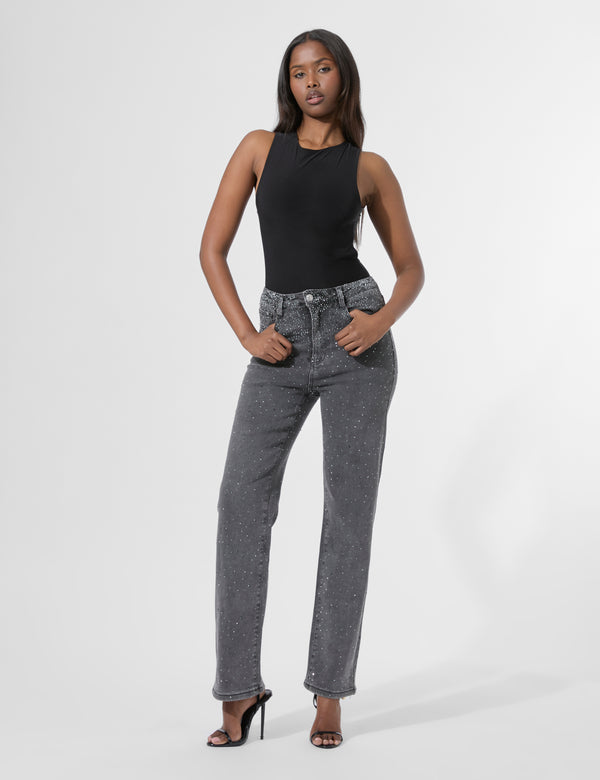 Public Desire Cross Over Back Detail Luxe Slinky Bodysuit Black