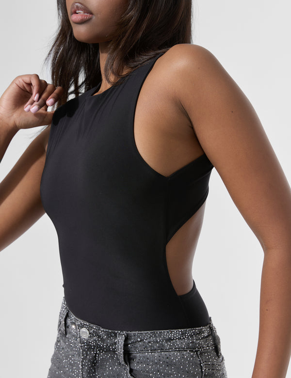 Public Desire Cross Over Back Detail Luxe Slinky Bodysuit Black
