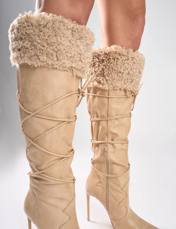 Public Desire Crusader Cream Fur Trim Western Inspired Pointed Toe Boots