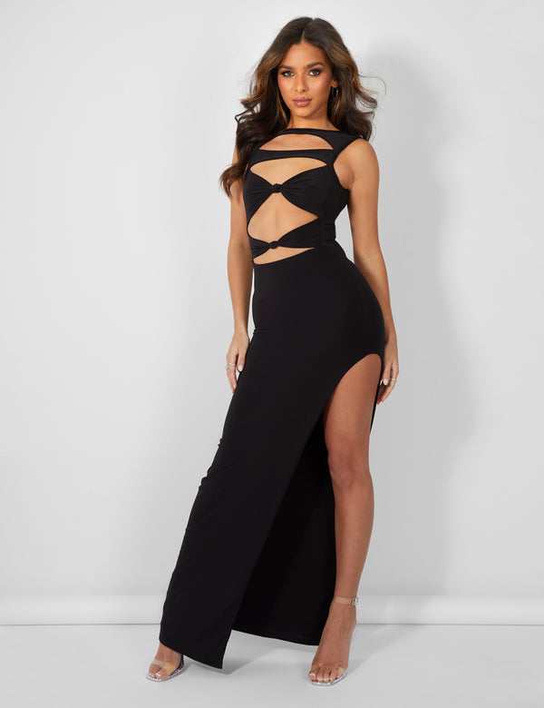 public desire Cut Away Knotted Detail Extreme Spilt Maxi Dress Black