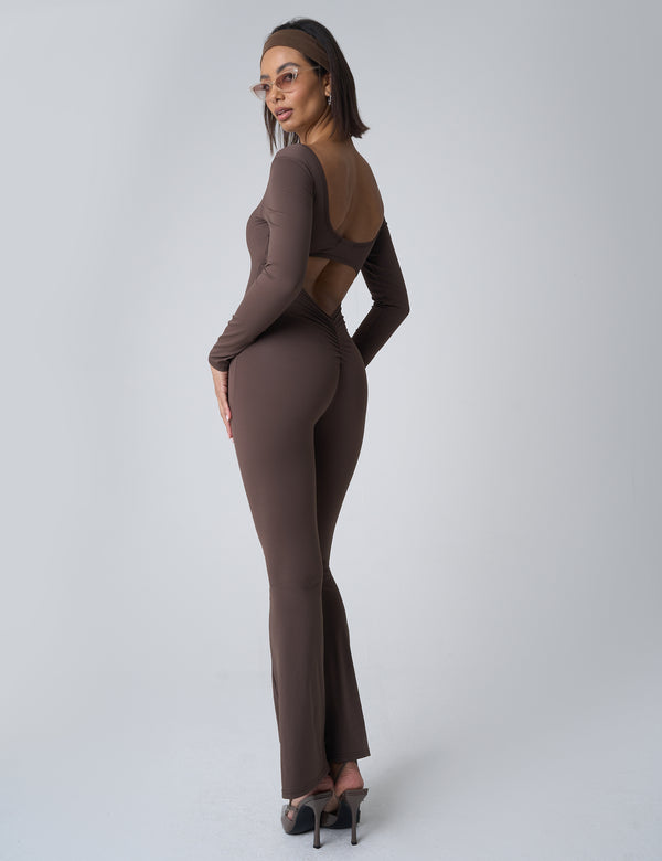 Public Desire Cut Out Back Detail Long Sleeve Jumpsuit Beige