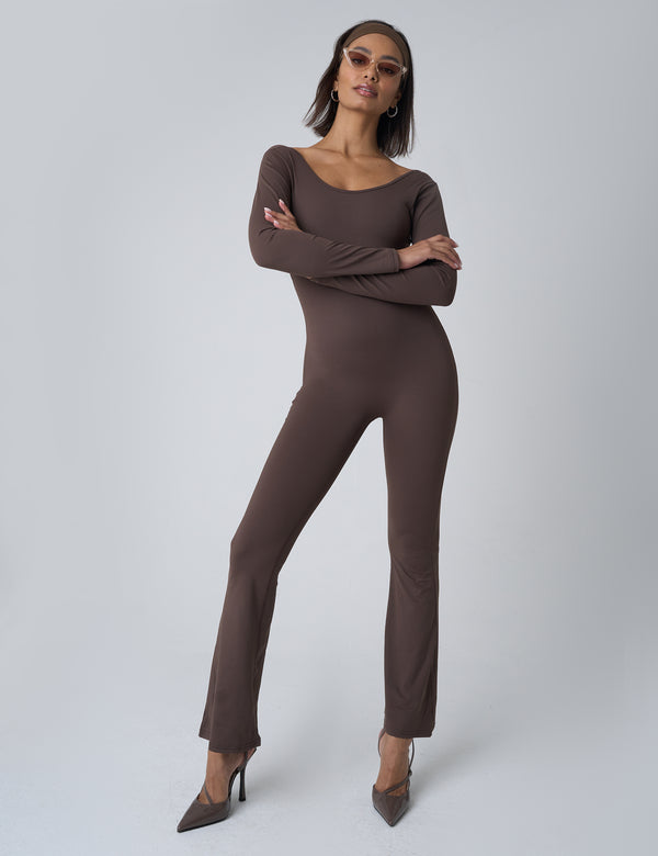 public desire Cut Out Back Detail Long Sleeve Jumpsuit Beige