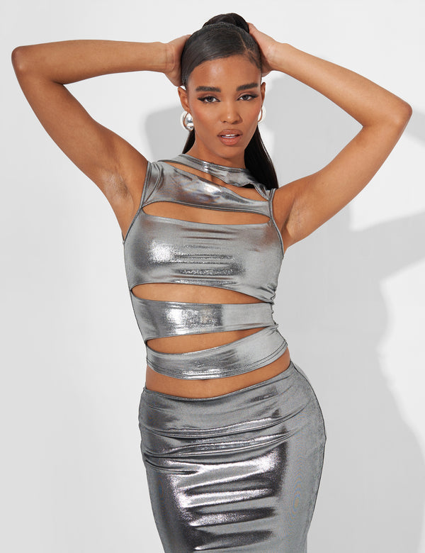 Public Desire Cut Out Crop Top Co Ord In Metallic Silver