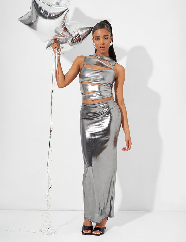 public desire Cut Out Crop Top Co Ord in Metallic Silver