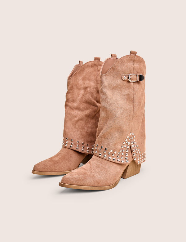 Public Desire Dalton Tan Fold Over Suede Studded Western Ankle Boots