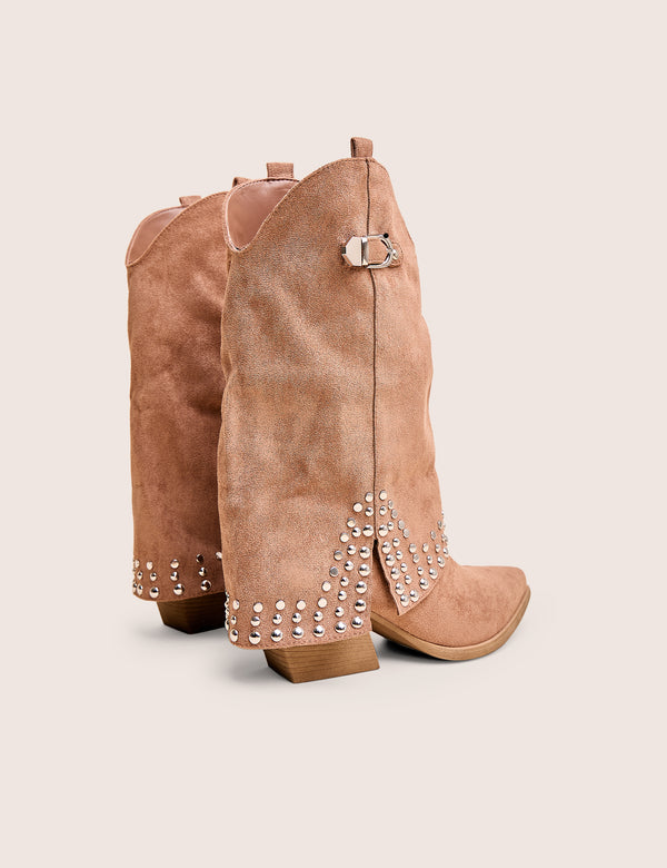 Public Desire Dalton Tan Fold Over Suede Studded Western Ankle Boots