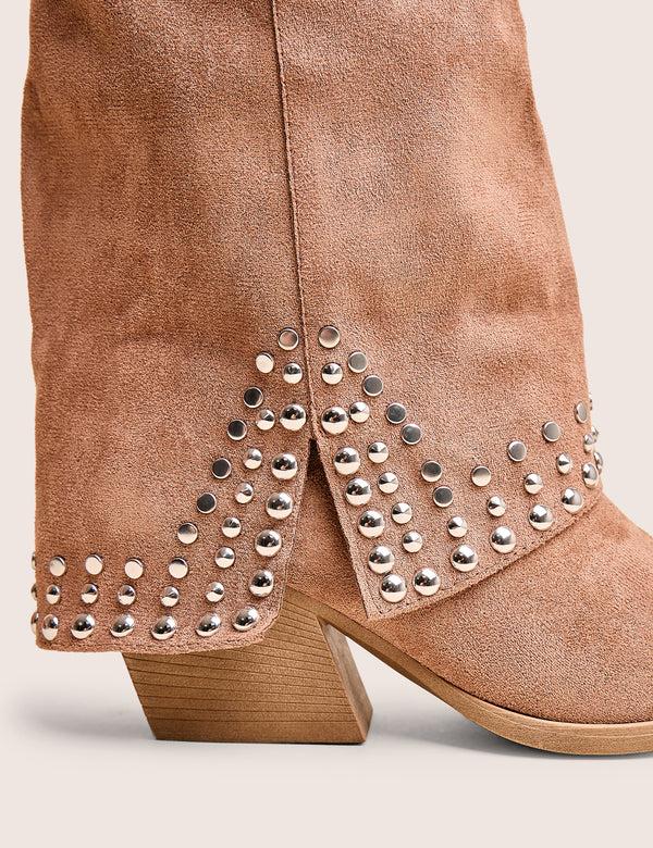 Public Desire Dalton Tan Fold Over Suede Studded Western Ankle Boots