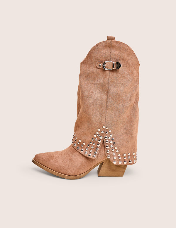 public desire Dalton Tan Fold Over Suede Studded Western Ankle Boots