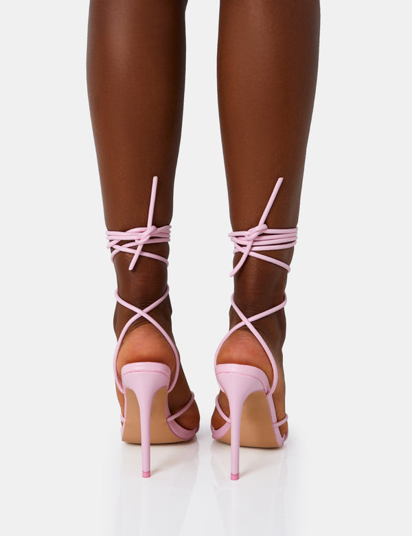 Public Desire Dax Baby Pink Pu Barely There Lace Up Square Toe Stiletto Heels