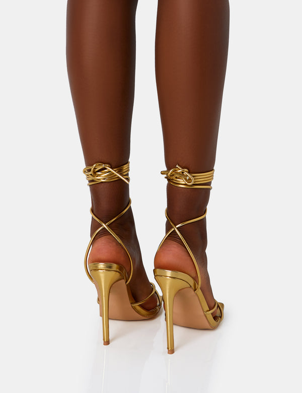 Public Desire Dax Gold PU Barely There Lace Up Square Toe Stiletto Heels