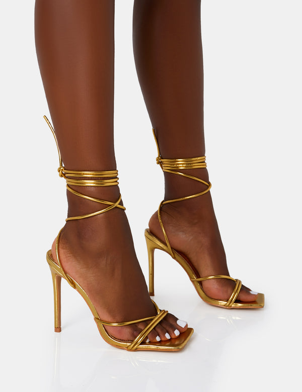 public desire Dax Gold PU Barely There Lace Up Square Toe Stiletto Heels