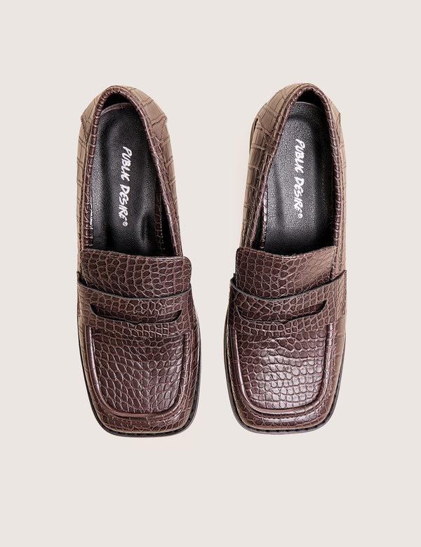 Public Desire Decaf Brown Croc Square Toe Penny Loafer