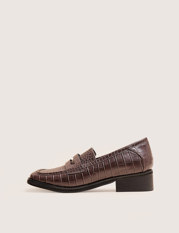public desire Decaf Brown Croc Square Toe Penny Loafer