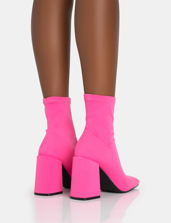 Public Desire Delani Hot Pink Neoprene Rounded Pointed Block Heel Ankle Boots