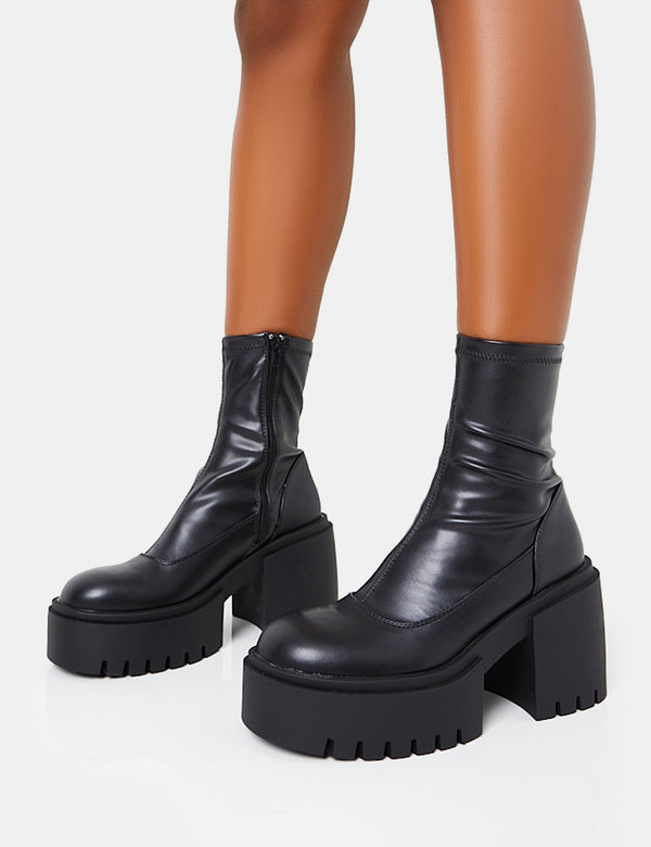 Public Desire Demeter Black Pu Chunky Heeled Platform Ankle Boots