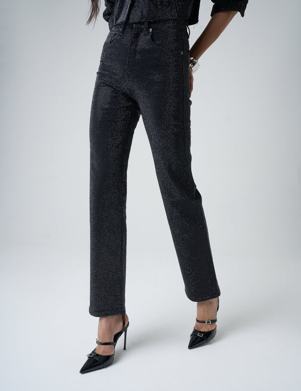 Public Desire Diamante Straight Fit High Rise Denim Jeans Black
