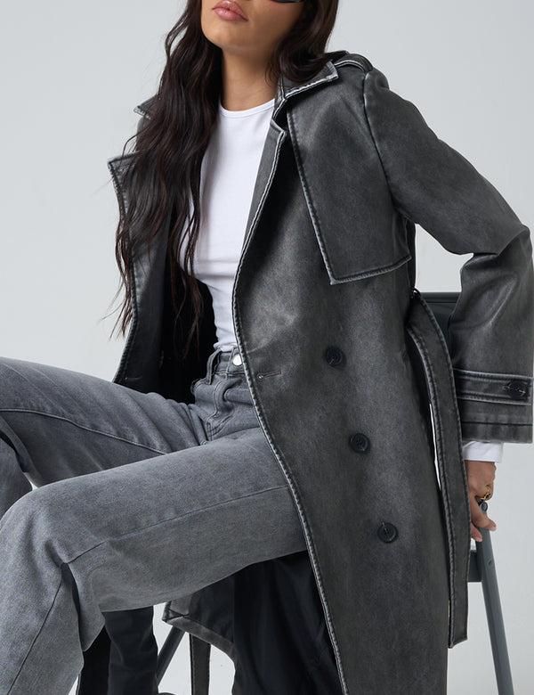 Public Desire Distressed Faux Leather Long Trench Coat Dark Grey