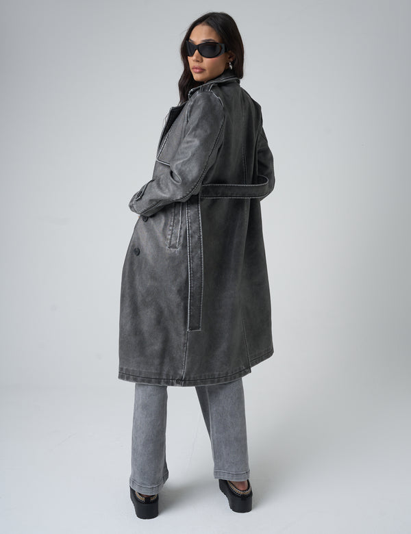 Public Desire Distressed Faux Leather Long Trench Coat Dark Grey