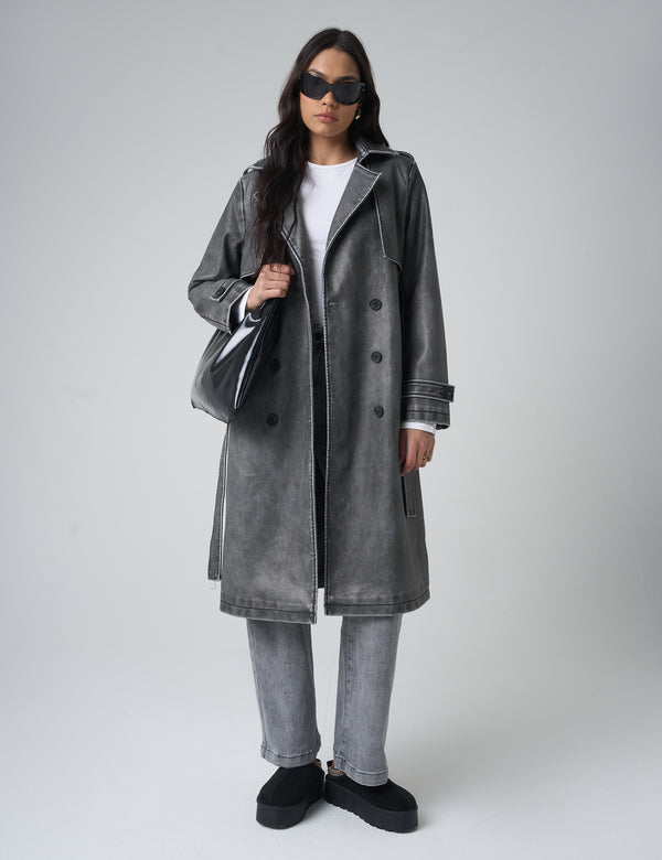 public desire Distressed Faux Leather Long Trench Coat Dark Grey