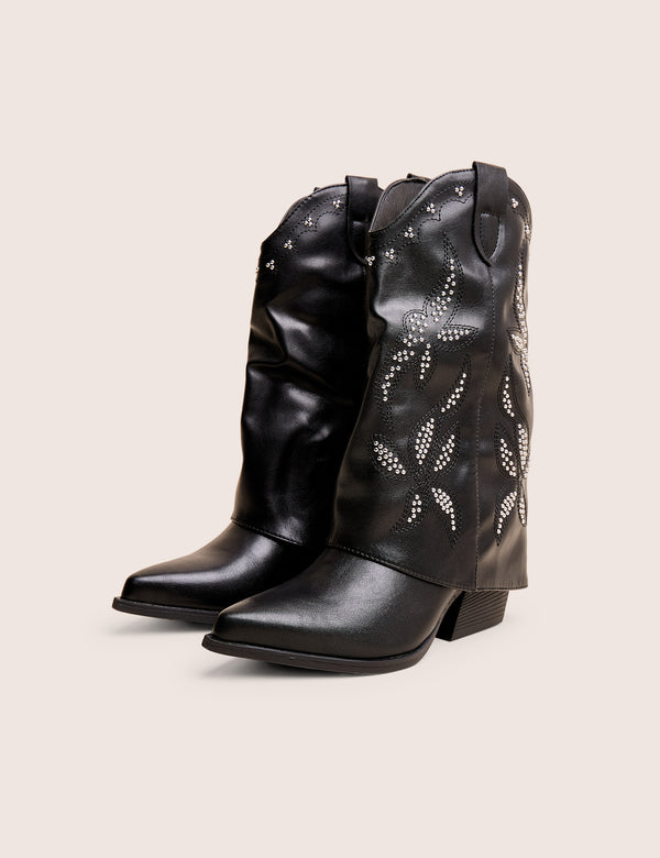 Public Desire Dixie Black Fold Over Studded Western Ankle Boots