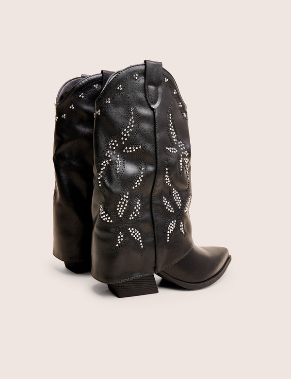 Public Desire Dixie Black Fold Over Studded Western Ankle Boots