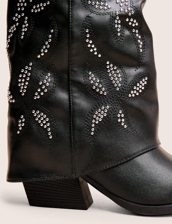 Public Desire Dixie Black Fold Over Studded Western Ankle Boots