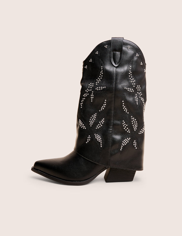 public desire Dixie Black Fold Over Studded Western Ankle Boots
