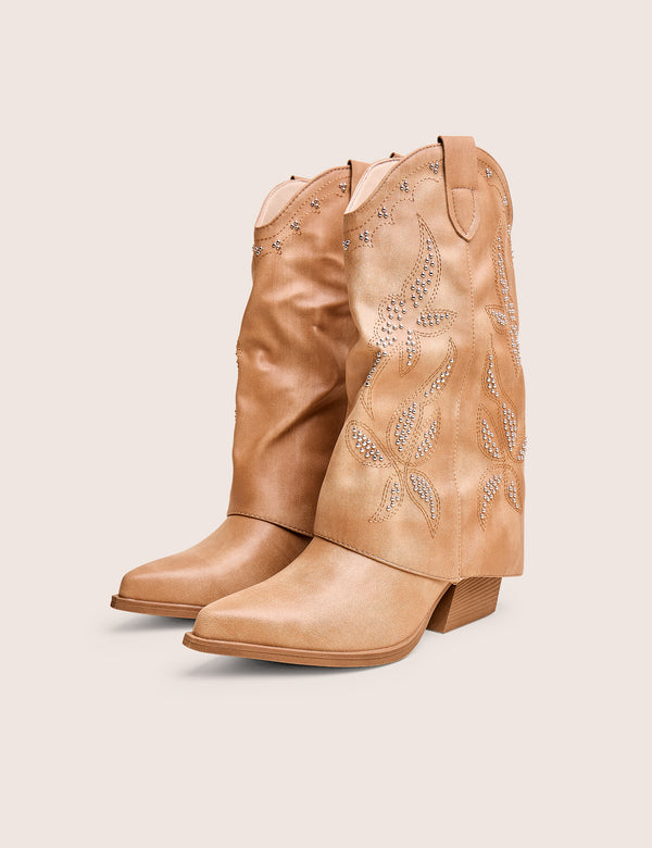 Public Desire Dixie Tan Fold Over Studded Western Ankle Boots