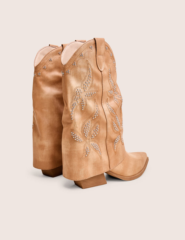 Public Desire Dixie Tan Fold Over Studded Western Ankle Boots