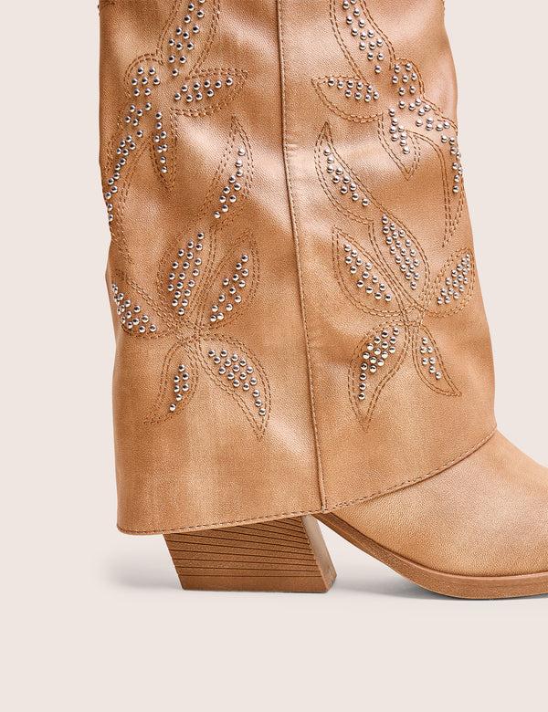 Public Desire Dixie Tan Fold Over Studded Western Ankle Boots