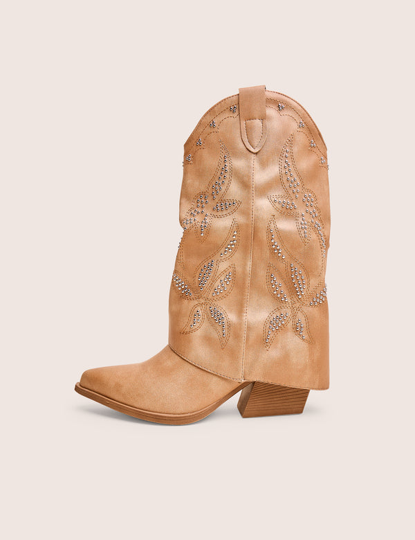 public desire Dixie Tan Fold Over Studded Western Ankle Boots