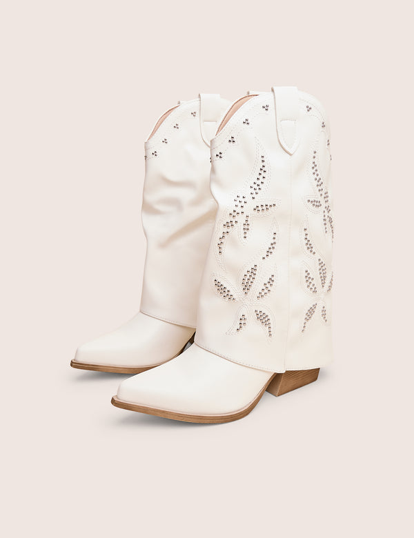 Public Desire Dixie White Fold Over Studded Western Ankle Boots