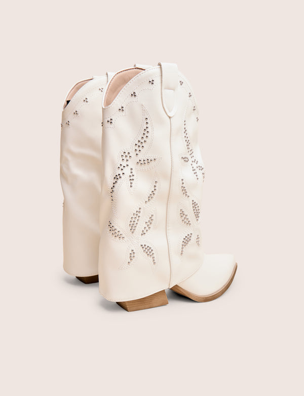 Public Desire Dixie White Fold Over Studded Western Ankle Boots